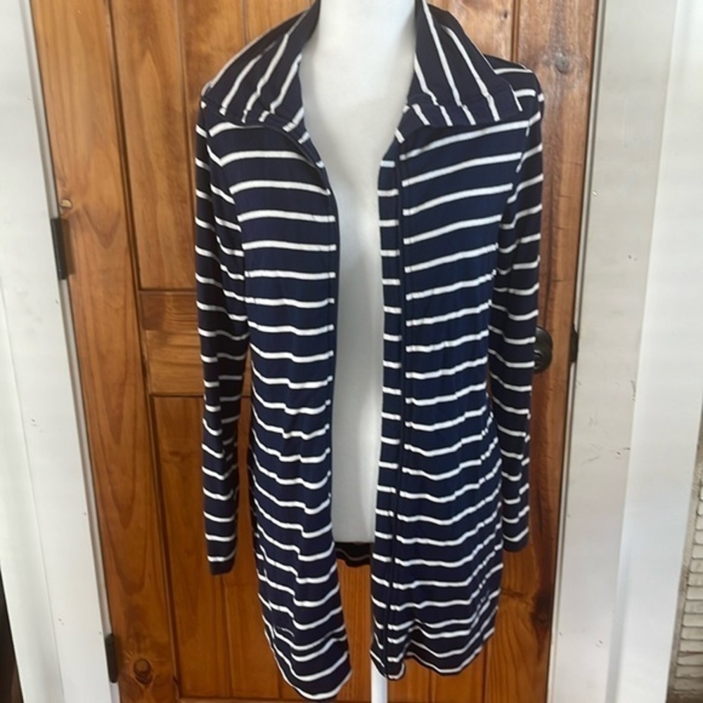 Soma blue and White Striped Lounge Cardigan Medium front zipper closure pockets